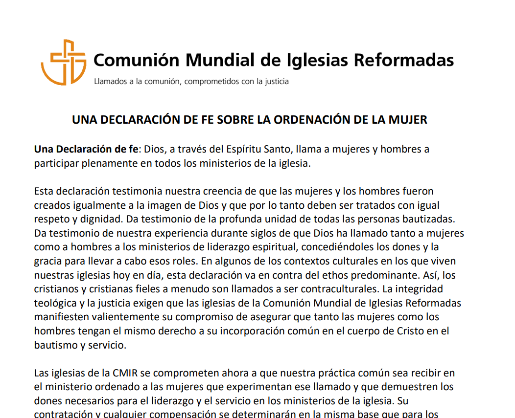 Confesión de Fe sobre ordenación de Mujeres – CMIR